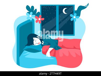 Simple flat vector illustration of a woman sleeping in her bed Stock Vector