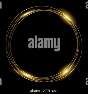 Round gold frame of golden rings on black background. Template design for festive frame, christmas, label or invitation Stock Vector