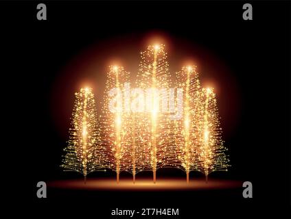 Beautiful Christmas trees with lights on dark background Stock Vector