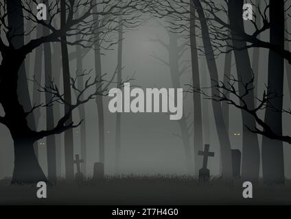 Silhouette illustration of trees in the dark scary woods, for Halloween theme or background Stock Vector