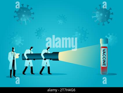 Medical concept vector illustration of medical researcher team holding a giant flashlight looking for a vaccine Stock Vector