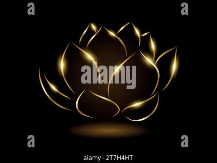 Line art vector illustration of golden lotus on dark background Stock Vector