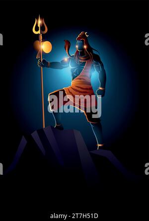 Vector illustration of Lord Shiva standing on top of a rock, Indian God of Hindu Stock Vector