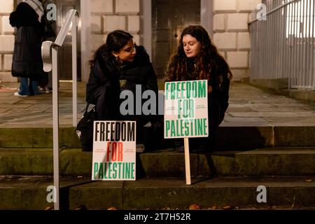 London, UK. 15th Nov, 2023. Protesters are seen holding placards while demonstrating outside the UK Parliament at Westminster. Pro-Palestine supporters gather outside Parliament Square this evening as the Members of Parliament are voting on the amendment of ceasefire from the King's speech proposed by Scottish National Party (SNP). They demand an immediate ceasefire and to stop the areal bombardment and innocent killings of Palestinians trapped in Gaza by Israeli forces. (Photo by Hesther Ng/SOPA Images/Sipa USA) Credit: Sipa USA/Alamy Live News Stock Photo