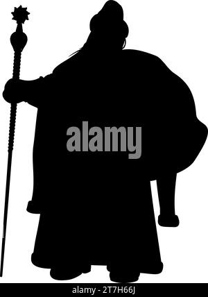 Shape of Ded Moroz with bag behind his back and staff. Vector illustration of Ded Moroz, the Russian Santa Claus. Dressed in ancient Russian fur coat Stock Vector