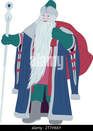Ded Moroz with bag behind his back and staff. Vector illustration of Ded Moroz, the Russian Santa Claus. Dressed in an ancient Russian fur coat Stock Vector