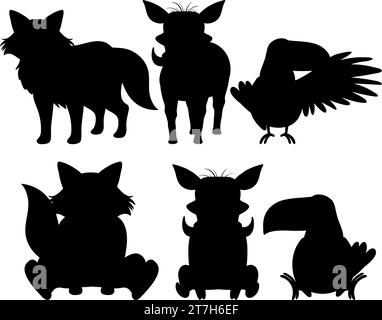 A collection of vector cartoon illustrations featuring various wild animal silhouettes Stock Vector