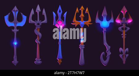 Magic trident staffs set isolated on black background. Vector cartoon illustration of wooden stick with iron, gold weapon tip decorated with neon blue, pink gemstones, wizard tool, ancient instrument Stock Vector