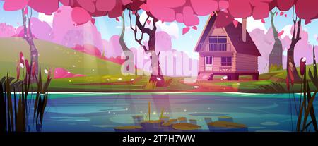 Cartoon spring landscape with cute wooden cottage on lake shore in forest with pink flowering cherry trees. Cozy house cabin made of wood on river or pond bank surrounded by blossoming sakura. Stock Vector
