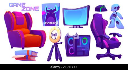 Teen gamer room design elements isolated on white background. Vector cartoon illustration of desktop computer, mouse, round led lamp for streaming, system unit, armchair, books, toy robot, wall poster Stock Vector