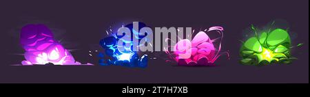 Explosion effects set isolated on background. Vector cartoon illustration of blue, pink, green, purple clouds of fire and smoke, bomb blast, magic power strike sparkles, alien attack, neon colors glow Stock Vector