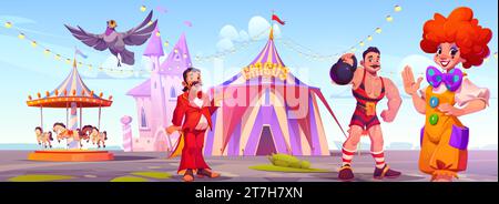 Circus or carnival artists in amusement park. Cartoon vector illustration of performers welcome to show at funfair. Presenter, clown and strongman in front of carousels, castle and cirque tent. Stock Vector