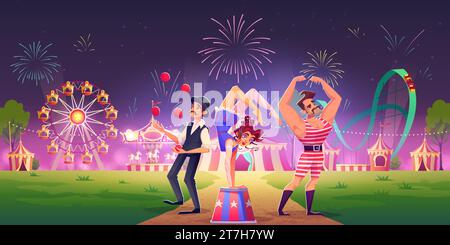 Circus or carnival artists in amusement park at night under fireworks. Cartoon vector illustration of show performers - juggler, acrobat and strongman in front of carousels and swings with light. Stock Vector