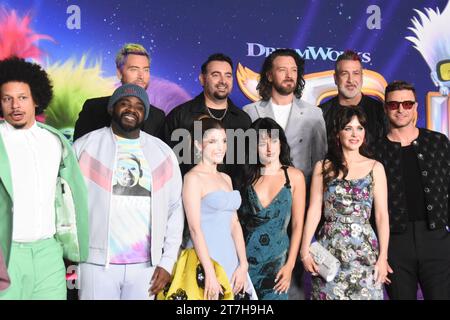 Los Angeles, California, USA 15th November 2023 (L-R) Actor Eric Andre, Actor Ron Funches, Actress Anna Kendrick, Singer Camila Cabello, Actress Zooey Deschanel and singer Justin Timberlake, Back Row (L-R) Singers Lance Bass, Chris Kirkpatrick, JC Chasez and Joey Fatone  attend Universal Pictures Trolls: Band Together Special Screening at TCL Chinese Theatre on November 15, 2023 in Los Angeles, California, USA. Photo by Barry King/Alamy Live News Stock Photo