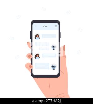 Chatbot concept. Woman chatting with robot on smartphone screen. AI business assistant. Online customer support and FAQ. Artificial intelligence Stock Vector
