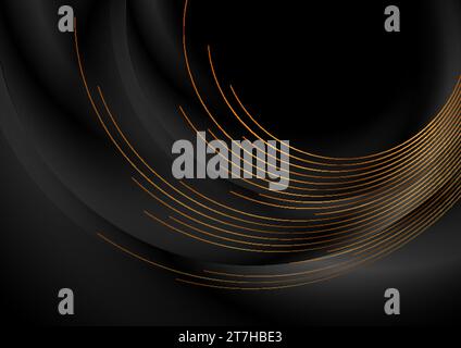 Black smooth abstract tech luxury background with golden lines. Vector design Stock Vector