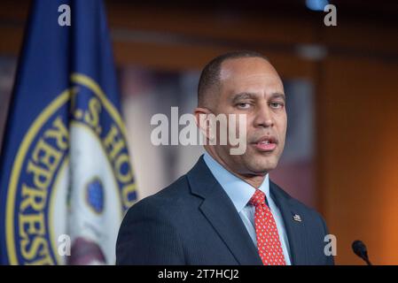 Washington, United States. 15th Nov, 2023. United States House Minority Leader Hakeem Jeffries (Democrat of New York) at his weekly press conference in the Capitol in Washington, DC, USA on Wednesday, November 15, 2023. Photo by Annabelle Gordon/CNP/ABACAPRESS.COM Credit: Abaca Press/Alamy Live News Stock Photo