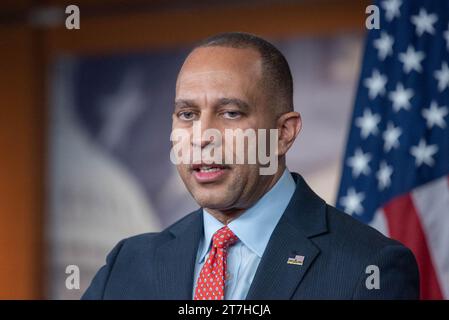 Washington, United States. 15th Nov, 2023. United States House Minority Leader Hakeem Jeffries (Democrat of New York) at his weekly press conference in the Capitol in Washington, DC, USA on Wednesday, November 15, 2023. Photo by Annabelle Gordon/CNP/ABACAPRESS.COM Credit: Abaca Press/Alamy Live News Stock Photo