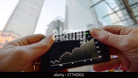 File photo dated 04/01/2018 of a person viewing share prices on an iPhone, with London's Canary Wharf in the background. A £70 million investment fund for small businesses in Northern Ireland has been announced by the British Business Bank. Issue date: Thursday November 16, 2023. Stock Photo
