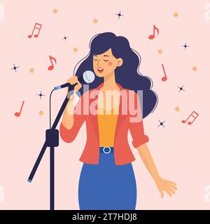 Woman singing in front of microphone flat design Stock Vector