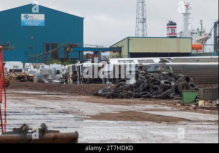 Scrap class 321 electric multiple unit trains waiting to be broken up and recycled at SIMS metals, Newport docks, South Wales, UK Stock Photo