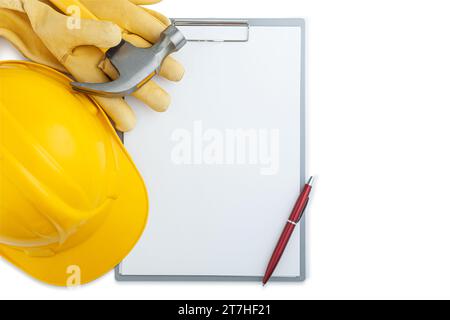 Helmet Yellow construction Gloves Claw Hammer On Clipboard Isolated Stock Photo