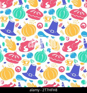 Outline of Thanksgiving party dinner food and drinks, seamless pattern with food, drink, meat, vegetables, fruits. Simple bright shape colored vector Stock Vector