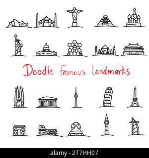 doodle icon set of world landmarks hand drawn isolated on white background Stock Vector