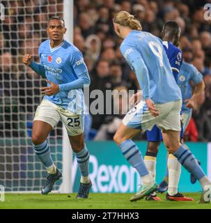 London, UK. 12 Nov 2023 - Chelsea v Manchester City - Premier League - Stamford Bridge.                                                                     Manchester City's Manuel Akanji celebrates scoring his goal during the Premier League match against Chelsea.                                       Picture Credit: Mark Pain / Alamy Live News Stock Photo