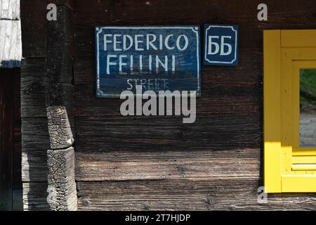 text "Federico Fellini street" in Kustendorf-Drvengrad village, Mokra Gora, Serbia Stock Photo