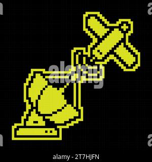 Pixel silhouette icon. Satellite fly and transmit communication signal to radio antenna. Satellite communication and GPS navigation. Simple black and Stock Vector