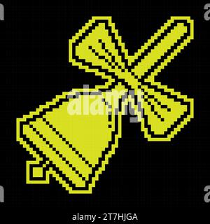 Ringing school bell Pixel silhouette icon with handle and bow. Call to lesson. September 1, beginning of school year. Simple black and yellow vector Stock Vector