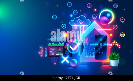 Smart home system development concept. IOT phone application setting. Programming scenarios for operation of smart home system. IOT devices in network Stock Vector