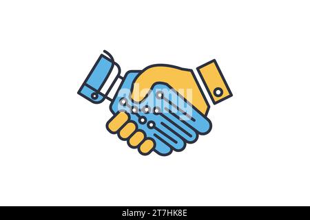 handshake icon. human machine collaboration. Handshake between a human hand and a robot hand. icon related to artificial intelligence. flat line icon Stock Vector