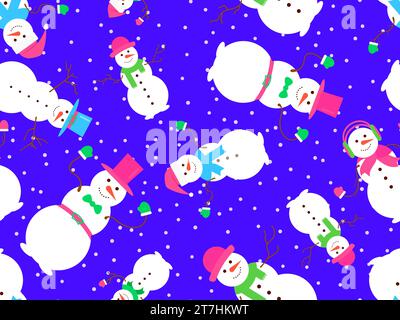 Snowmen seamless pattern. Snowmen dressed in hats, scarves, mittens, headphones and bow tie for suit. Snowman made of three snow balls. Xmas design fo Stock Vector