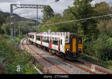 Transport For Wales class 150 DMU train 150253  at  Cwmpennar South Wales, running into the double track dynamic loop section from the single line Stock Photo