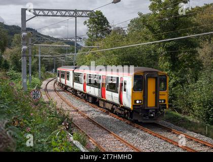 Transport For Wales class 150 DMU train 150253  at  Cwmpennar South Wales, running into the double track dynamic loop section from the single line Stock Photo