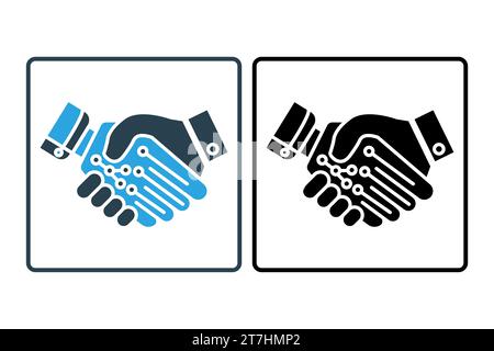 handshake icon. human machine collaboration. Handshake between a human hand and a robot hand. icon related to artificial intelligence. solid icon styl Stock Vector
