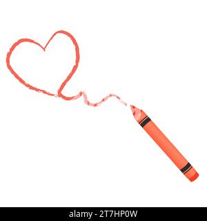 Wax crayon with textured line heart shape in cartoon style isolated on white backgrou nd. Preschool pencil for education. Vector illustration Stock Vector