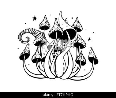 Modern Magical outline tattoo with poisonous witch mushrooms, fly agaric microdosing concept, mystical sticker isolated on white background. Vector li Stock Vector