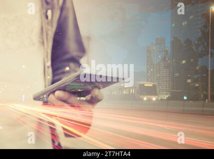Double exposure image of People using mobile smart phone Communication worldwide. Phone Concept and Technology. Stock Photo