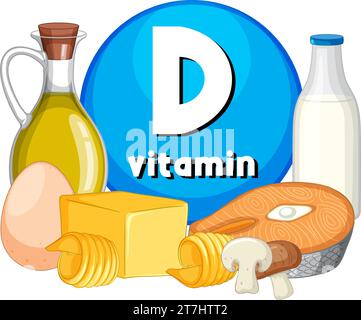 Learn about Vitamin D-rich foods in a fun cartoon illustration Stock Vector