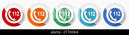 Emergency call, number 112 vector icon set, flat design colorful round icons in 5 color options for webdesign and mobile applications Stock Vector