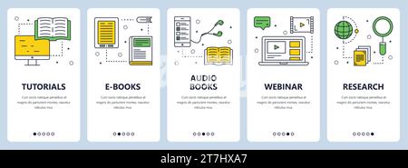 Vector set of vertical banners with Tutorials, E-books, Audio books, Webinar, Research website templates. Modern thin line flat style design. Stock Vector