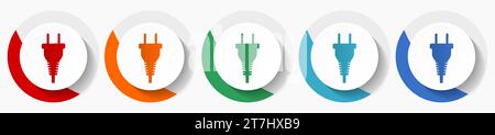 Plug, electricity vector icon set, flat design colorful round icons in 5 color options for webdesign and mobile applications Stock Vector