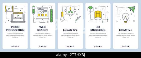 Vector set of vertical banners with Video production, Web design, Logotype, 3d modelling, Creative website templates. Modern thin line flat style desi Stock Vector