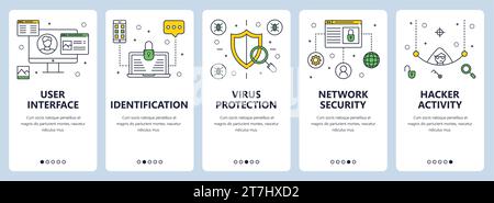 Vector set of vertical banners with User interface, Identification, Virus protection, Network security, Hacker activity website templates. Modern thin Stock Vector