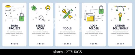 Vector set of vertical banners with Data project, Select icons, Tools, Lock folder, Design solutions website templates. Modern thin line flat style de Stock Vector