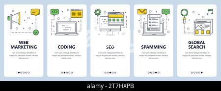 Vector set of vertical banners with Web marketing, Coding, SEO, Spamming, Global search website templates. Modern thin line flat style design. Stock Vector