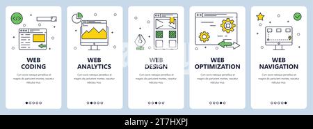 Vector set of vertical banners with Web coding, analytics, design, navigation and web optimization website templates. Modern thin line flat style desi Stock Vector